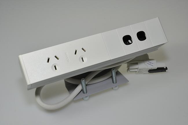 OE Elsafe Qiksilva 45 unit with 2 GPO and 2 Data Cutouts, featuring a desktop clamp bracket and an 800mm lead.